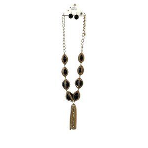 Lucia Gold-Tone Chain Necklace & Black Stone Earrings Set With Tassel Pendant